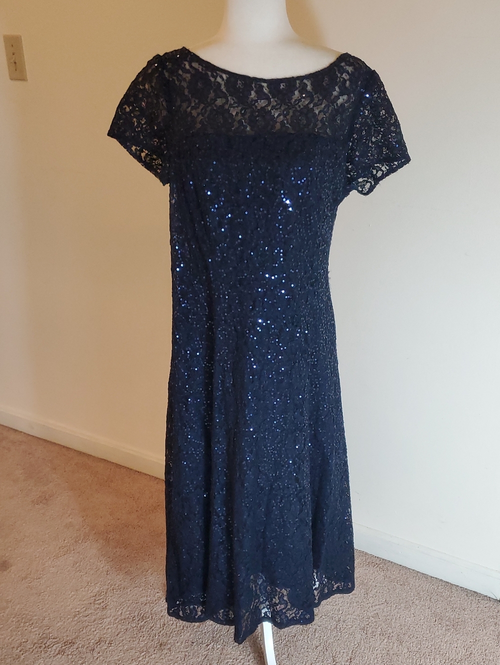 S.L.Fashions Navy Lace & Sequin Short Sleeve Dress
